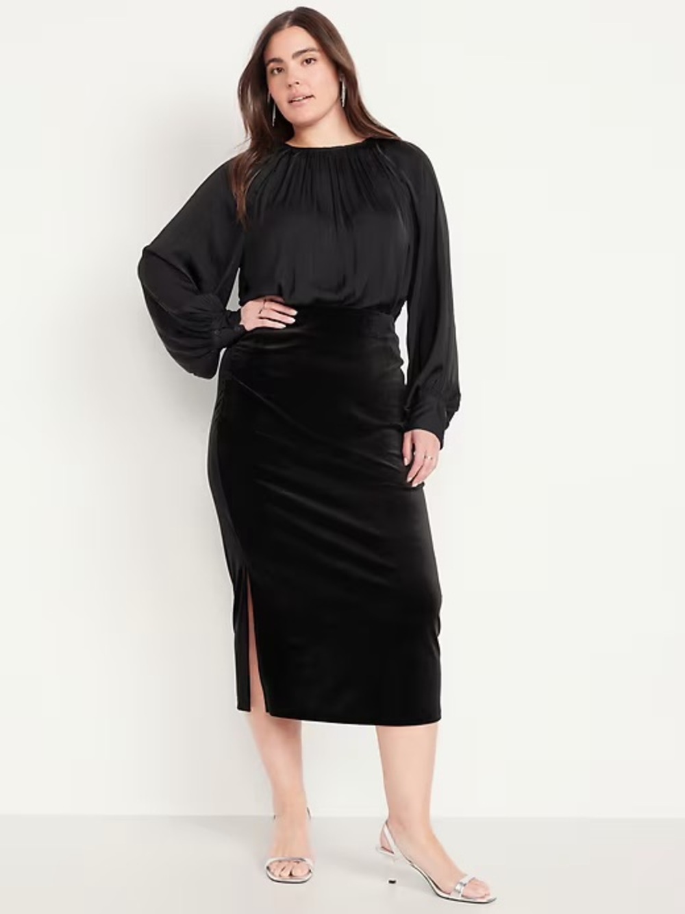 NWT Old Navy High-Waisted Ruched Velvet Midi Skirt LT Large Tall in Black Jack